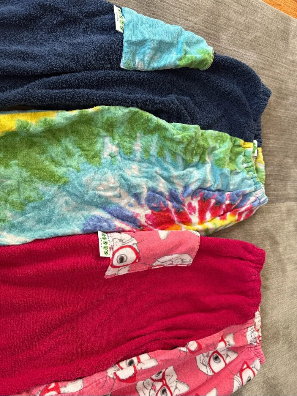 Kiki’s Nation Towel Pants Size Large - Navy, Tie-Dye, Hot Pink & Pink Cat Print